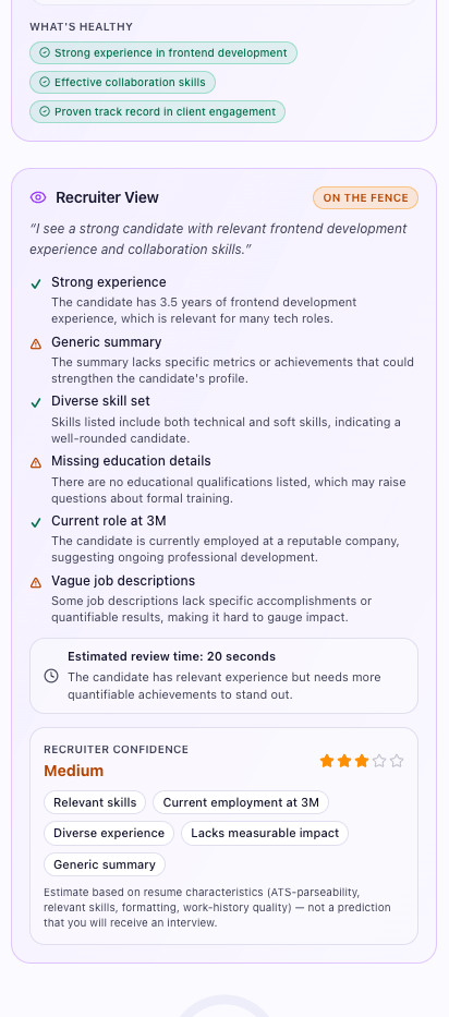 Recruiter View with candidate strengths and weaknesses