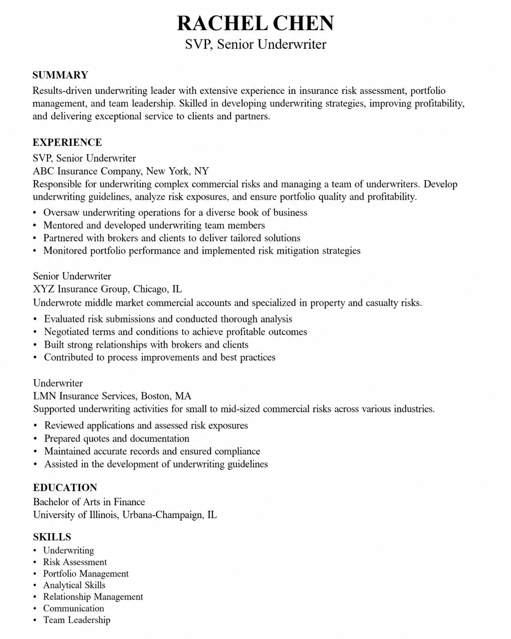 SVP SENIOR UNDERWRITER resume before