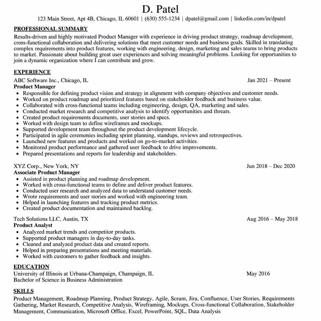 Product Manager resume before