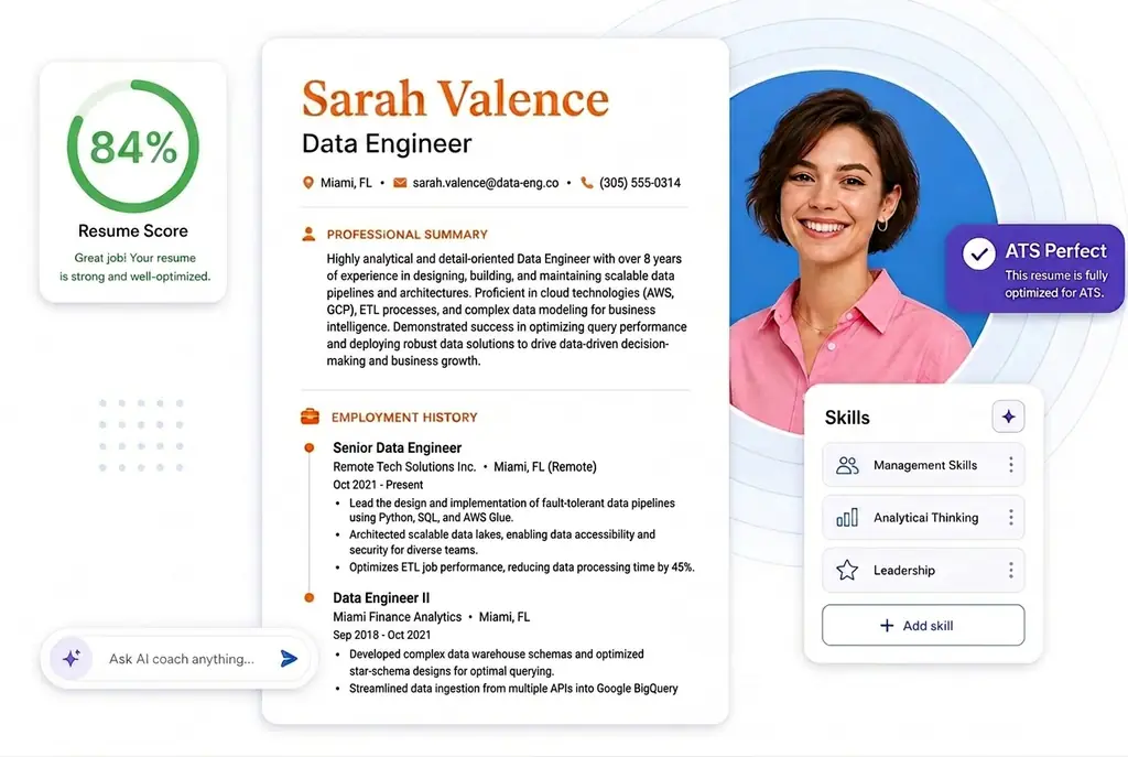 Resumeva product screenshot showing an ATS-scored resume in the builder