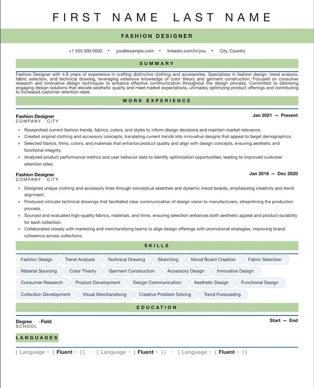 99. Fashion Designer resume template preview