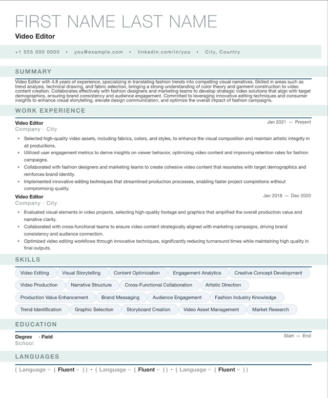 100. Video Editor resume template preview