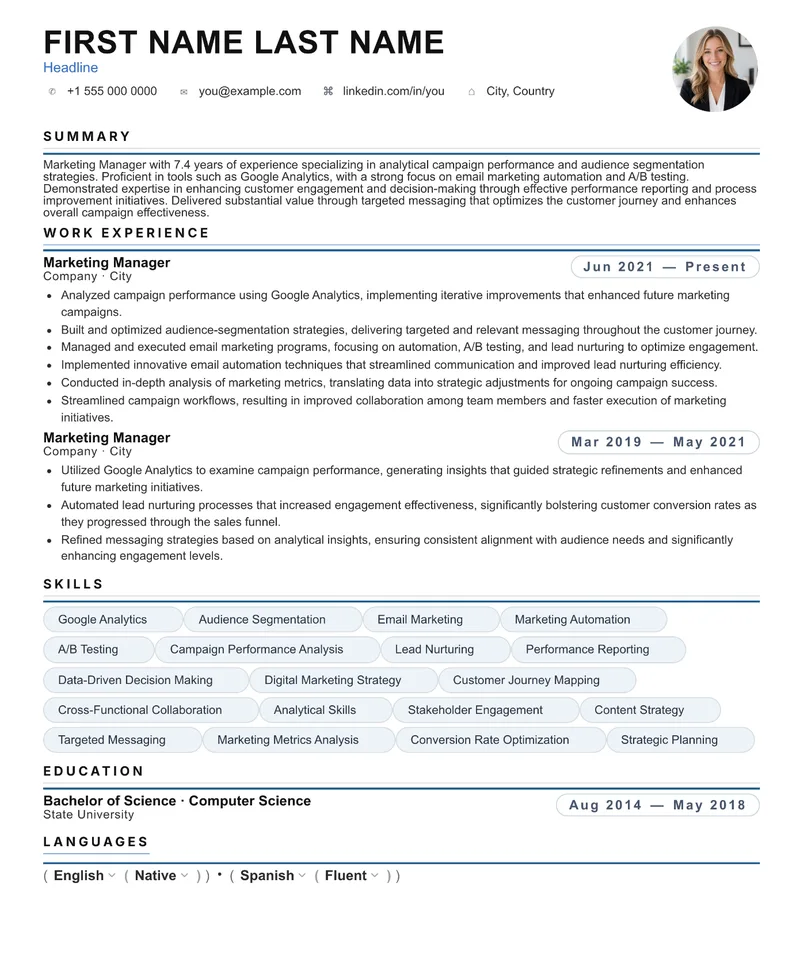 1. Marketing Manager resume template preview