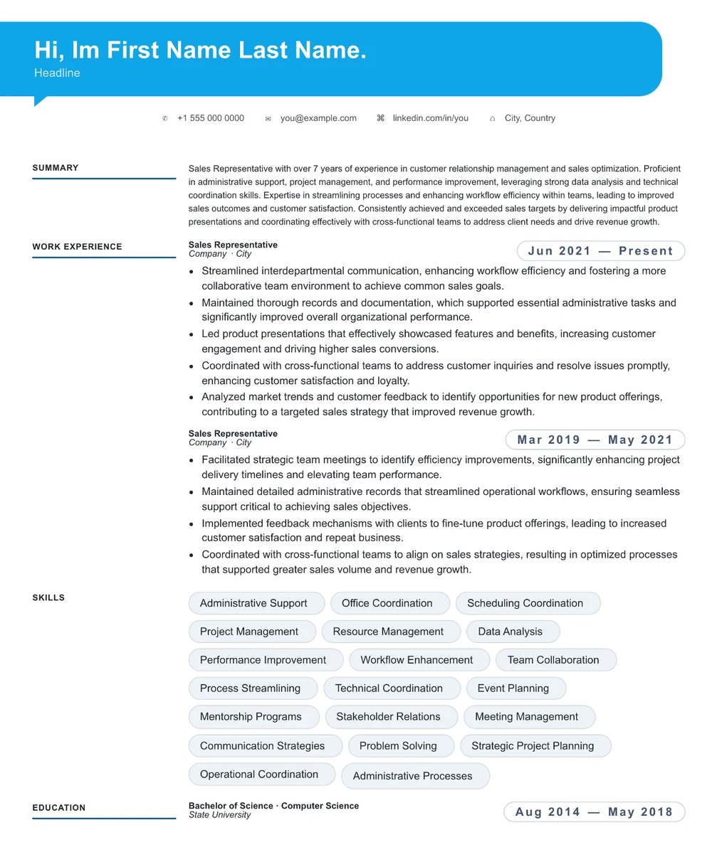 13 Sales Representative resume template preview